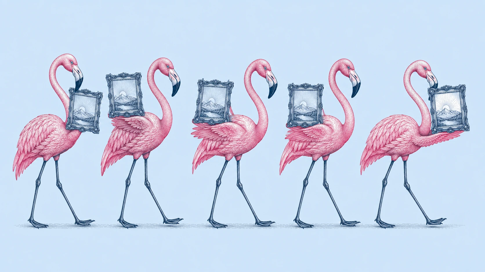 Engraved procession of flamingos, each carrying its own framed creative