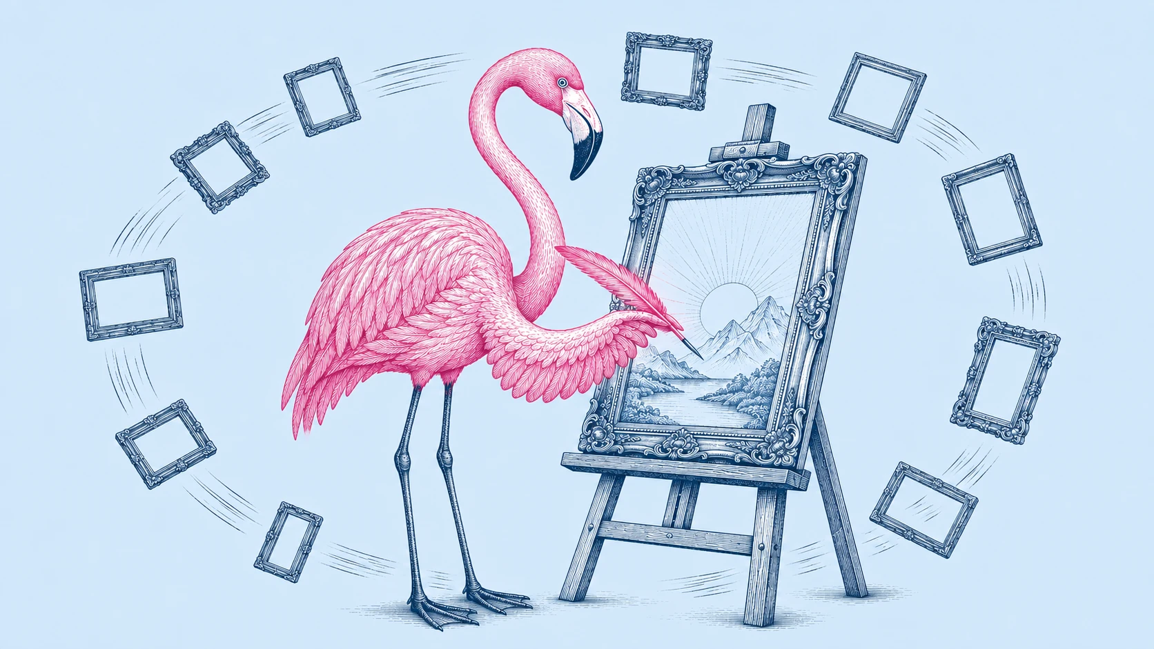 Engraved illustration of the Blue Sky Flamingo mascot painting a campaign creative on an easel with its own feather, surrounded by an orbit of empty frames in every ad format